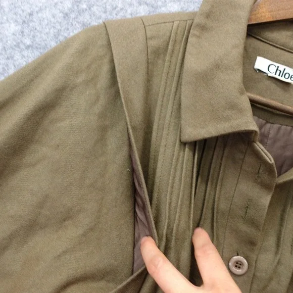 Vintage Chloe Shift Dress Womens LARGE Olive Army Green Wool Pintuck Luxury